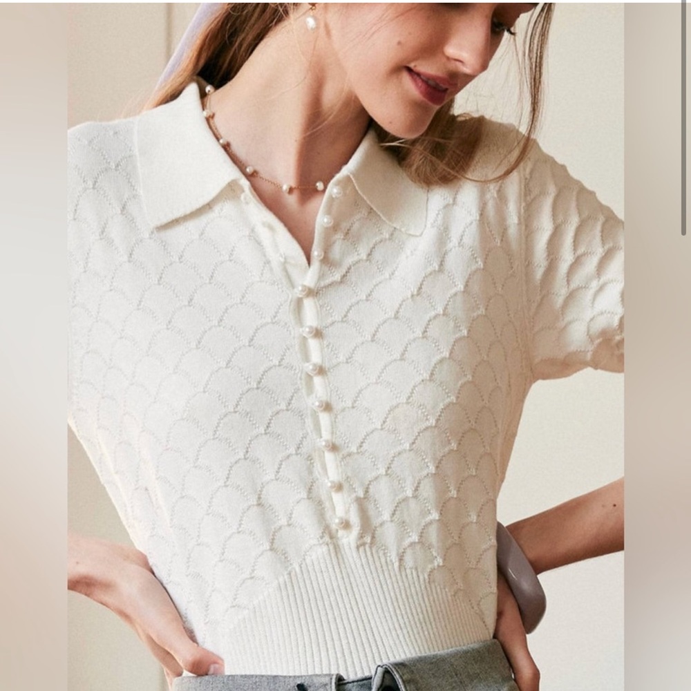 Rihoas Collared Coquette White Short Sleeved Button Up Blouse